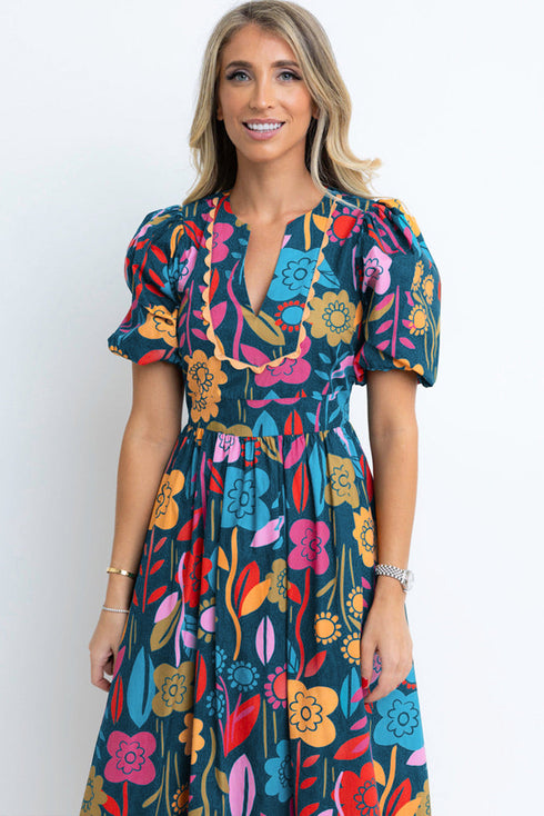 Retro Floral Printed Split Neck Maxi Dress